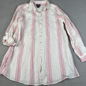 LINEN SHIRT Women Large Pink White Striped Button Up Roll Tab Jones New York JNY